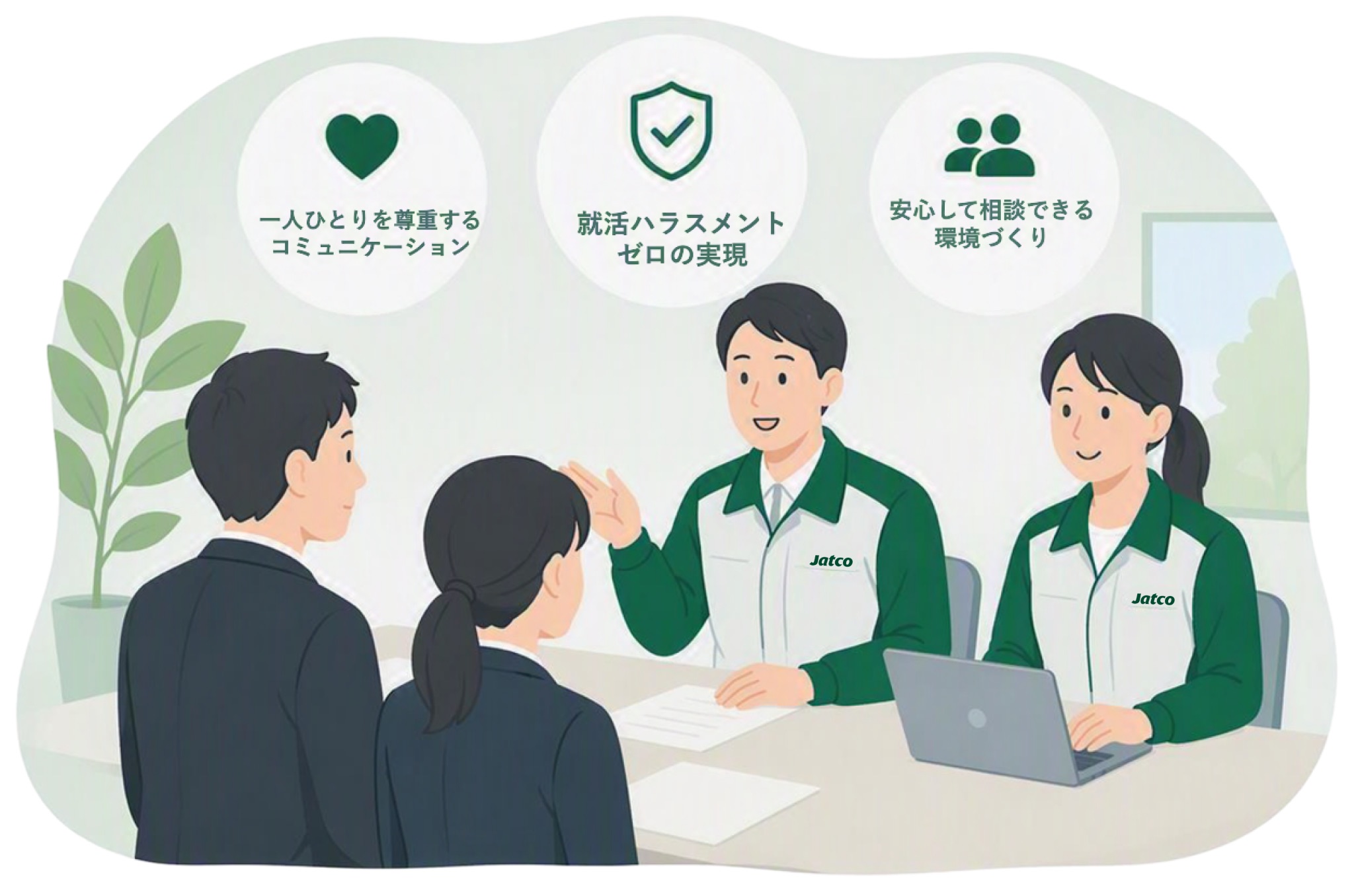 一人ひとりを尊重するコミュニケーション、就活ハラスメントゼロの実現、安心して相談できる環境づくり